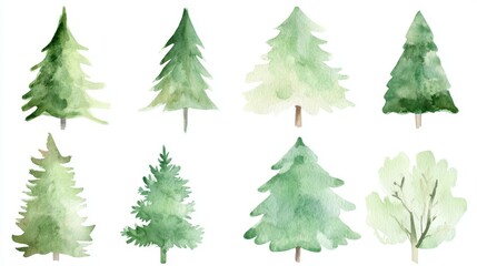 Obraz premium 72.A series of beautifully painted watercolor Christmas trees, ranging from tall and narrow to short and full. Each tree is depicted in soft green hues, with subtle shading and highlights to add
