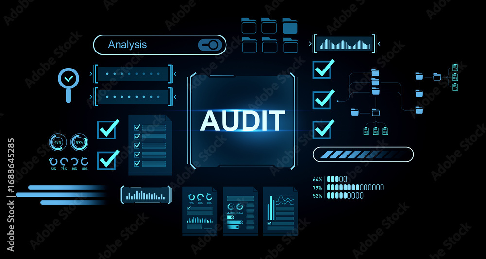 Poster digital audit interface with data charts, checklist icons, folders and analysis tools displayed on f