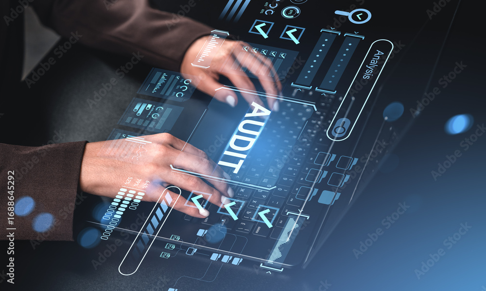 Poster businesswoman using futuristic interface with audit analysis visuals on digital screen in modern wor