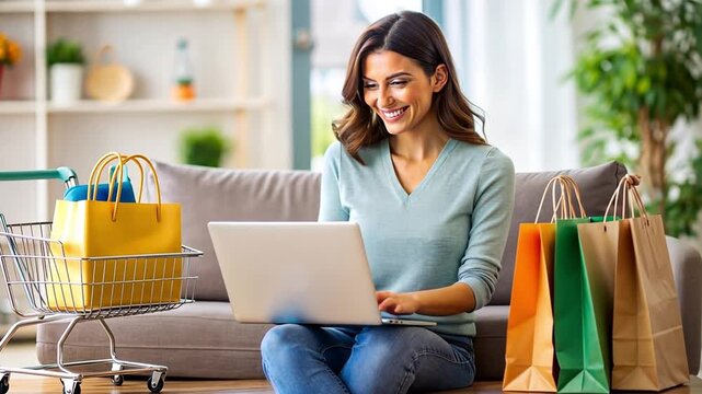 A young Caucasian woman with long brown hair sits on a sofa, using a laptop. Shopping bags and a shopping cart are nearby, indicating online shopping.