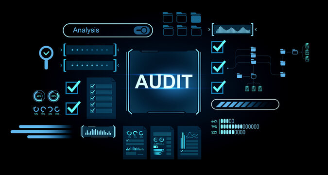 Digital audit interface with data charts, checklist icons, folders and analysis tools displayed on futuristic neon screen interface concept background. 3D Rendering