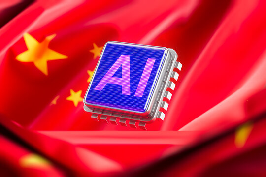 AI chip with glowing display over Chinese flag background symbolizing technology and innovation in artificial intelligence development. 3D Rendering - Powered by Adobe