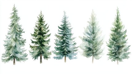 Obraz premium 85.A set of hand-painted watercolor Christmas trees rendered in gentle green tones, highlighting a range of forms from elegant, slim trees to dense, fluffy ones. Each tree showcases textured branches