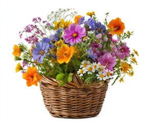 Obraz premium A rustic woven basket overflows with a vibrant, diverse bouquet of wildflowers in various colors and textures, set against a stark white background