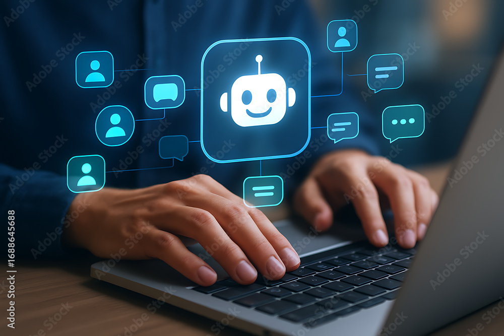 Poster user interacting with a chatbot on laptop screen, conversation between person and ai assistant, prov