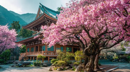 Fototapeta premium Pink cherry blossoms surround a traditional temple nestled in a tranquil mountain setting, showcasing natures beauty and the arrival of springtime. Visitors enjoy the peaceful atmosphere.