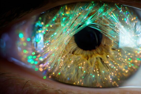 The Gaze of Technology: An intricate macro shot of an eye, where vibrant, luminous strands of technology seamlessly integrate, transforming the iris into a nexus of digital information.