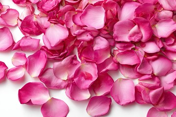 Fototapeta premium A scattered profusion of vibrant pink rose petals on a stark white background, showcasing their delicate texture and soft hues