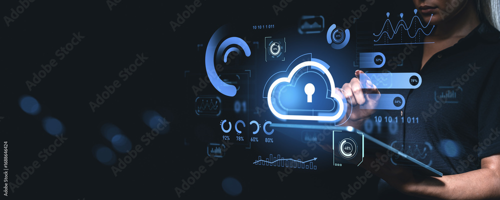 Poster woman accessing secure cloud data through digital interface on dark background.