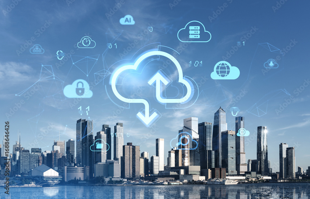 Poster cloud storage concept over hudson yards skyline in new york with digital data icons and technology i