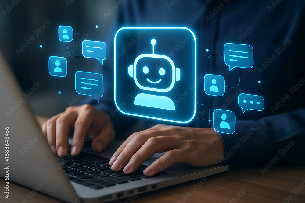 Aufkleber human using an ai chatbot on a laptop, showing a dialogue conversation between person and artificial