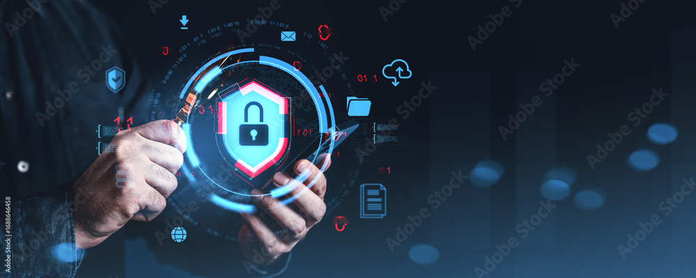 Poster cybersecurity protection concept with glowing padlock shield and data icons in digital interface hel