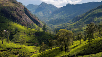 Fototapeta premium Peaceful tea plantations rolling across emerald hills.