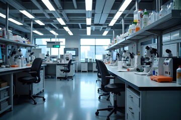 Well-lit laboratory with microscopes and lab equipment.