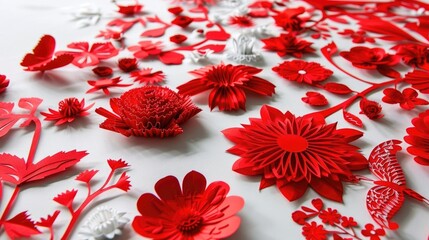 Beautiful Arrangement of Red Paper Flowers and Floral Elements for Creative Projects and Design Inspiration