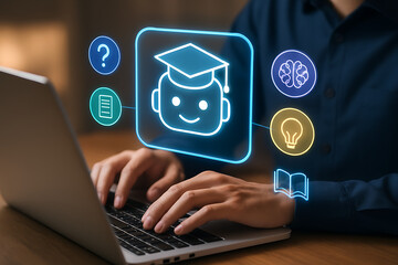 student using a laptop with ai chatbot, representing online education, e-learning, and digital school with an artificial intelligence assistant for personalized help