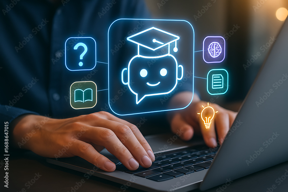 Poster ai education with digital chatbot on laptop screen, learning technology and online study assistance 