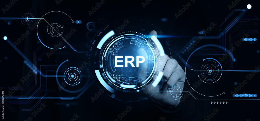 Poster erp system interface with futuristic hud graphics and hand interaction in digital business managemen