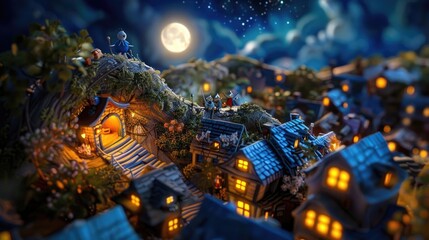 Enchanted Night Scene of Cozy Village Under Moonlight with Whimsical Details and Starry Sky