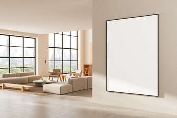 Contemporary living room interior with large poster mockup on beige wall and panoramic city view through big windows, minimalist design concept. 3D Rendering