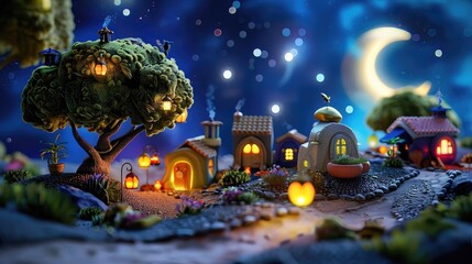Enchanted miniature village scene at night with glowing lanterns and whimsical moonlight illuminating tiny houses