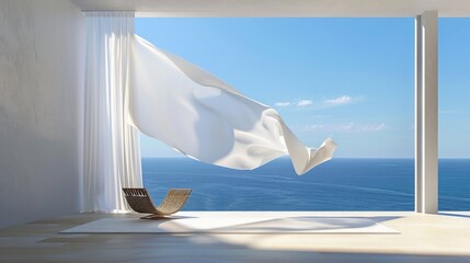 Bright and Airy Coastal Living Space with Flowing White Fabric Curtain and Scenic Ocean View