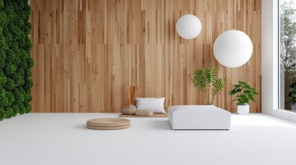 Minimalist interior design with wooden wall, green plants, round sculptures, and natural light for serene living spaces