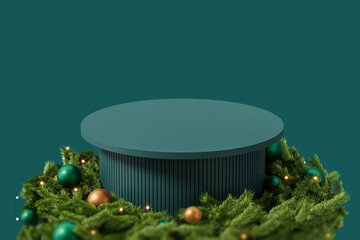 Christmas-themed round podium surrounded by pine branches and ornaments on green background for...