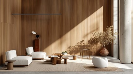 Modern minimalistic interior design with wooden walls, stylish furniture, and natural decor in bright sunlight ambiance