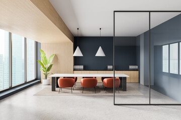 Modern conference room interior with minimalist design, stylish furniture, and glass wall partition...