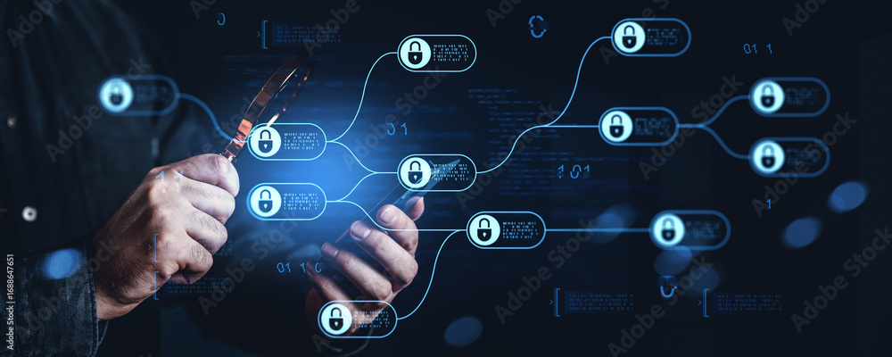 Poster cybersecurity audit concept showing hands holding magnifying glass and smartphone with digital padlo