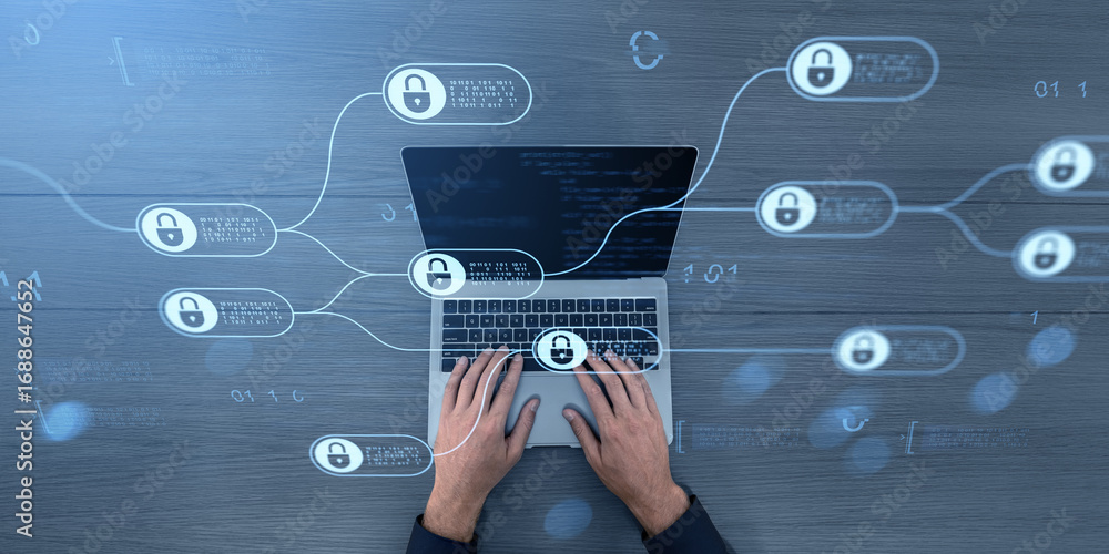 Poster cybersecurity concept showing hands typing on laptop with digital padlocks and binary code floating 