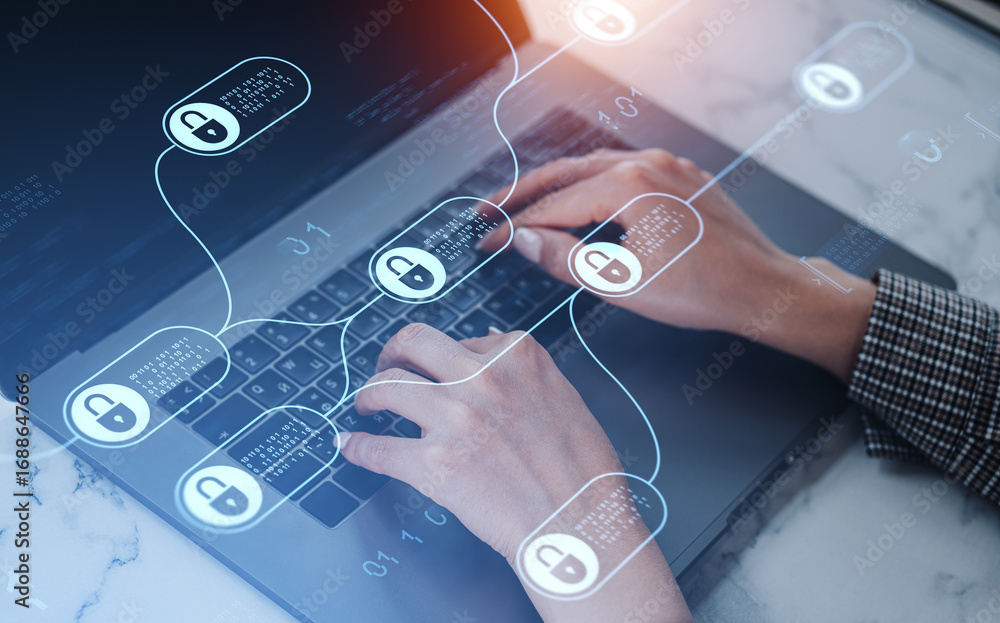 Poster hands typing on laptop with digital padlock icons representing cybersecurity protection and data enc