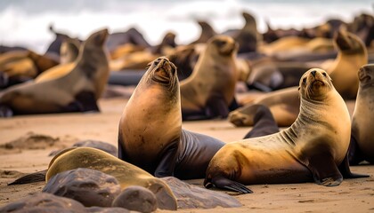 A coastal scene showcases numerous marine mammals basking on a sandy shore. The animals, exhibiting diverse poses, are enveloped by the soft lightx