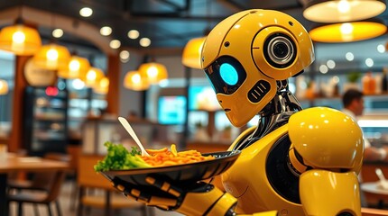 Robot eating pasta in restaurant.