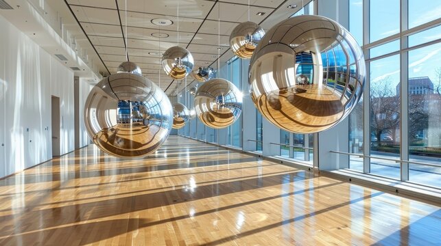 Modern art installation with large reflective spheres suspended in a bright, airy contemporary interior space