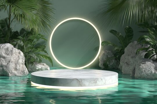 A serene, minimalist scene depicts a circular marble platform encircled by a glowing ring, nestled amongst rocks and lush tropical foliage, floating on teal water
