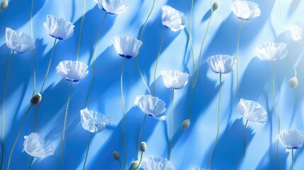 Delicate White Poppy Flowers Against a Soft Blue Background with Gentle Shadows and Elegant Stems