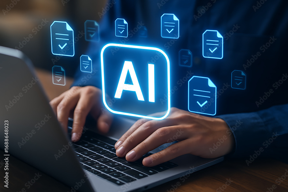 Fototapete user interacting with ai assistant on a laptop, concept of smart office automation, digital document