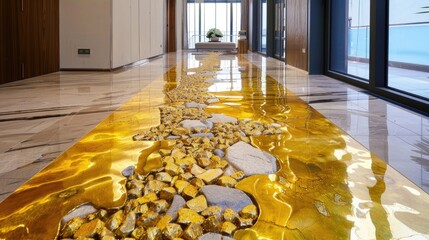 Luxurious Interior Design Featuring Golden River Effect Flooring in Modern Building Hallway