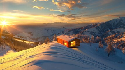 Cozy cabin on snowy hilltop during vibrant sunset in winter landscape with mountains and trees in the background