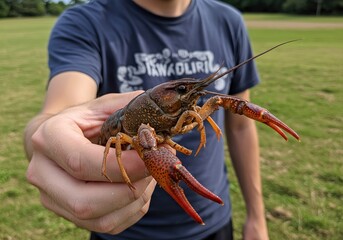person holding a crayfish in his hand