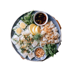Overhead View of Banh Cuon and Banh Goi Vietnamese Rice Dumplings with Dipping Sauce and Garnishes