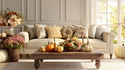 A stylish living room featuring a light beige sofa adorned with patterned pillows, surrounded by vibrant fall decorations including pumpkins and fresh flowers, all illuminated by natural light.