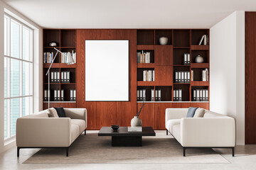 Modern office interior with blank poster mockup on wooden wall surrounded by bookshelves and minimalist furniture in daylight setting. 3D Rendering © ImageFlow