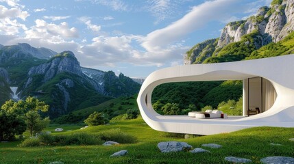 Modern architectural design of a minimalist house in a serene natural landscape with mountains and greenery