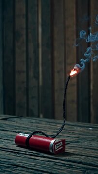 Moody, cinematic video concept featuring a close-up of a dynamite stick on a rustic wooden surface, captured from a low angle with dramatic lighting.