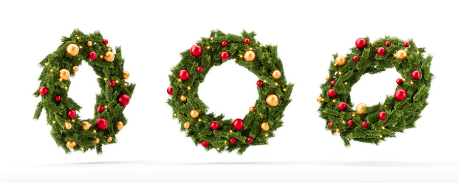 Three festive Christmas wreaths decorated with red and gold ornaments and lights floating on white background. Holiday decoration concept scene. 3D Rendering