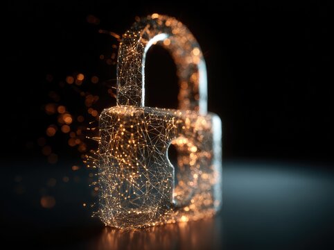 A shimmering, golden-orange padlock constructed of interconnected nodes and glowing particles against a dark background; implying digital security