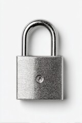 Naklejka premium A shiny, metallic padlock with a slightly curved shackle, square body, and small keyhole sits on a plain white background